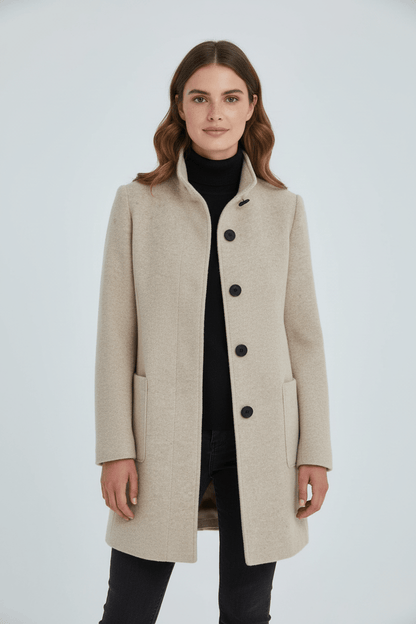 Damen Langer Mantel | Stehkragenjacke mit taillierter Passform und Knopfleiste