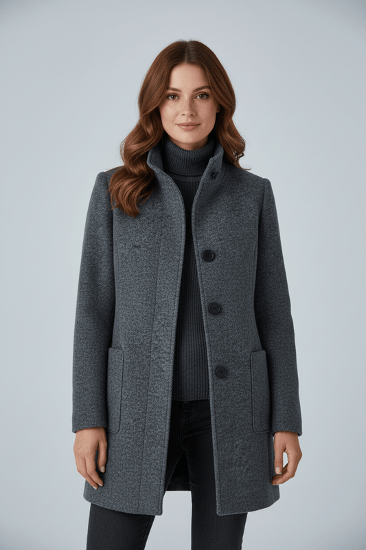Damen Langer Mantel | Stehkragenjacke mit taillierter Passform und Knopfleiste