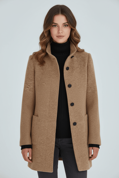 Damen Langer Mantel | Stehkragenjacke mit taillierter Passform und Knopfleiste
