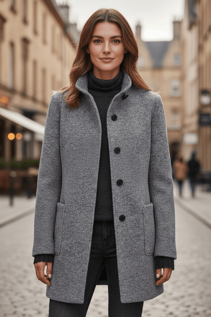 Damen Langer Mantel | Stehkragenjacke mit taillierter Passform und Knopfleiste
