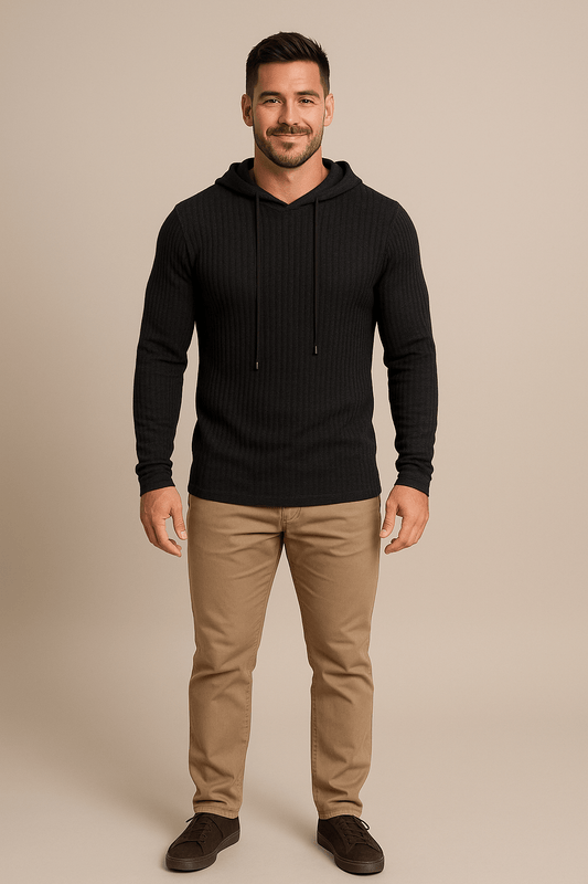 Heren Geribbelde Trui met Capuchon – Pull Trekkoord Slim Fit