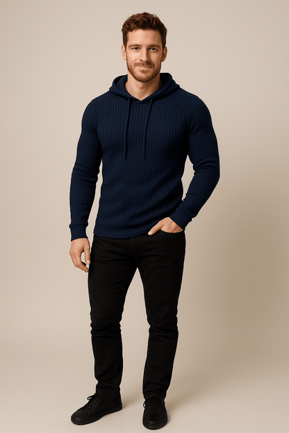 Heren Geribbelde Trui met Capuchon – Pull Trekkoord Slim Fit