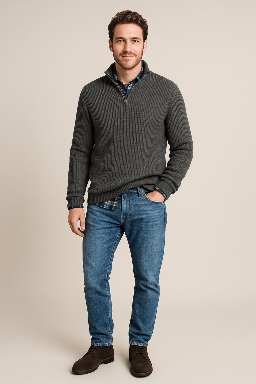 Pull-over à moitié zippé pour hommes – Gerippter Strickpullover mit hohem Kragen