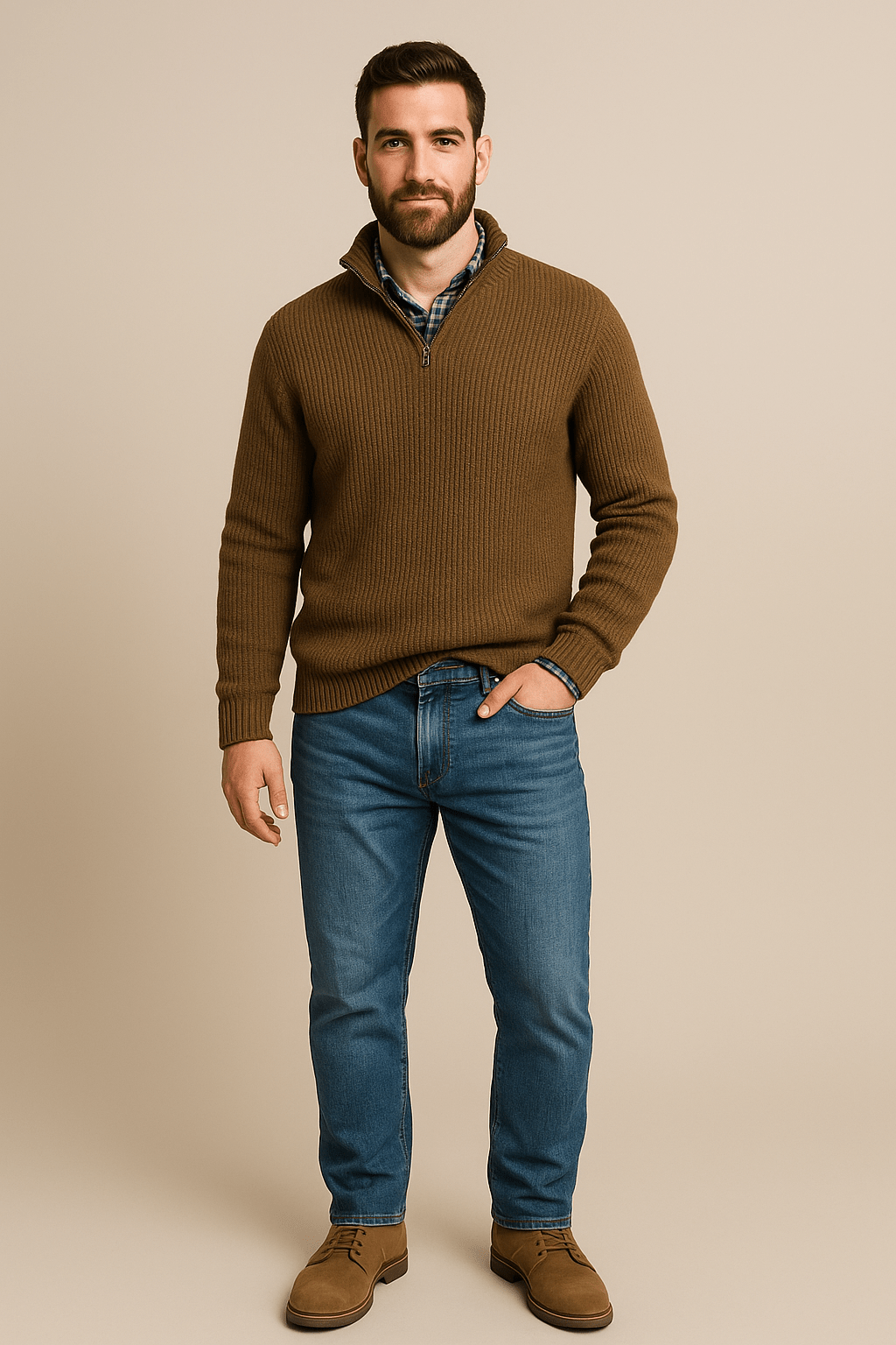 Pull-over à moitié zippé pour hommes – Gerippter Strickpullover mit hohem Kragen