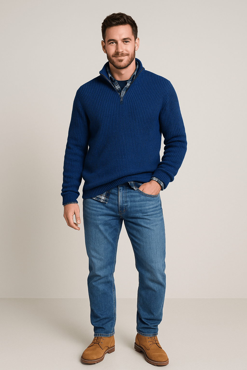 Pull-over à moitié zippé pour hommes – Gerippter Strickpullover mit hohem Kragen