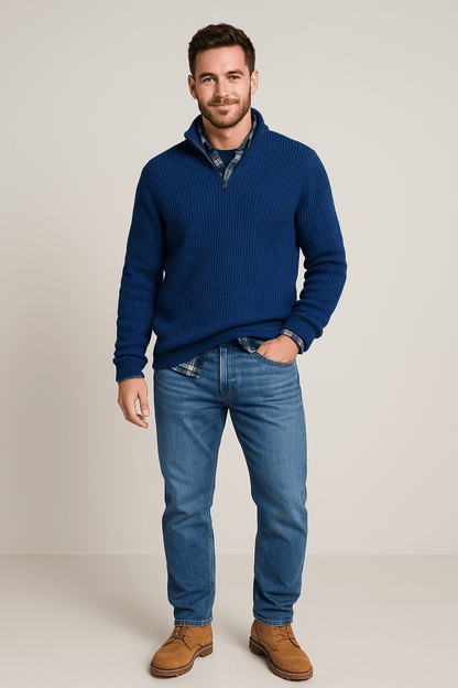 Pull-over à moitié zippé pour hommes – Gerippter Strickpullover mit hohem Kragen