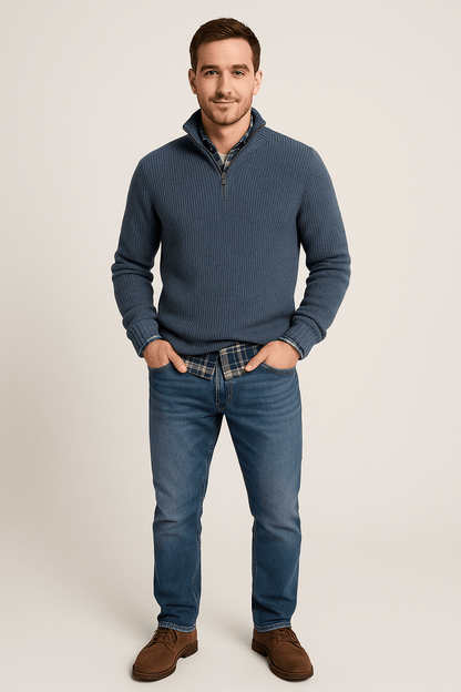 Pull-over à moitié zippé pour hommes – Gerippter Strickpullover mit hohem Kragen