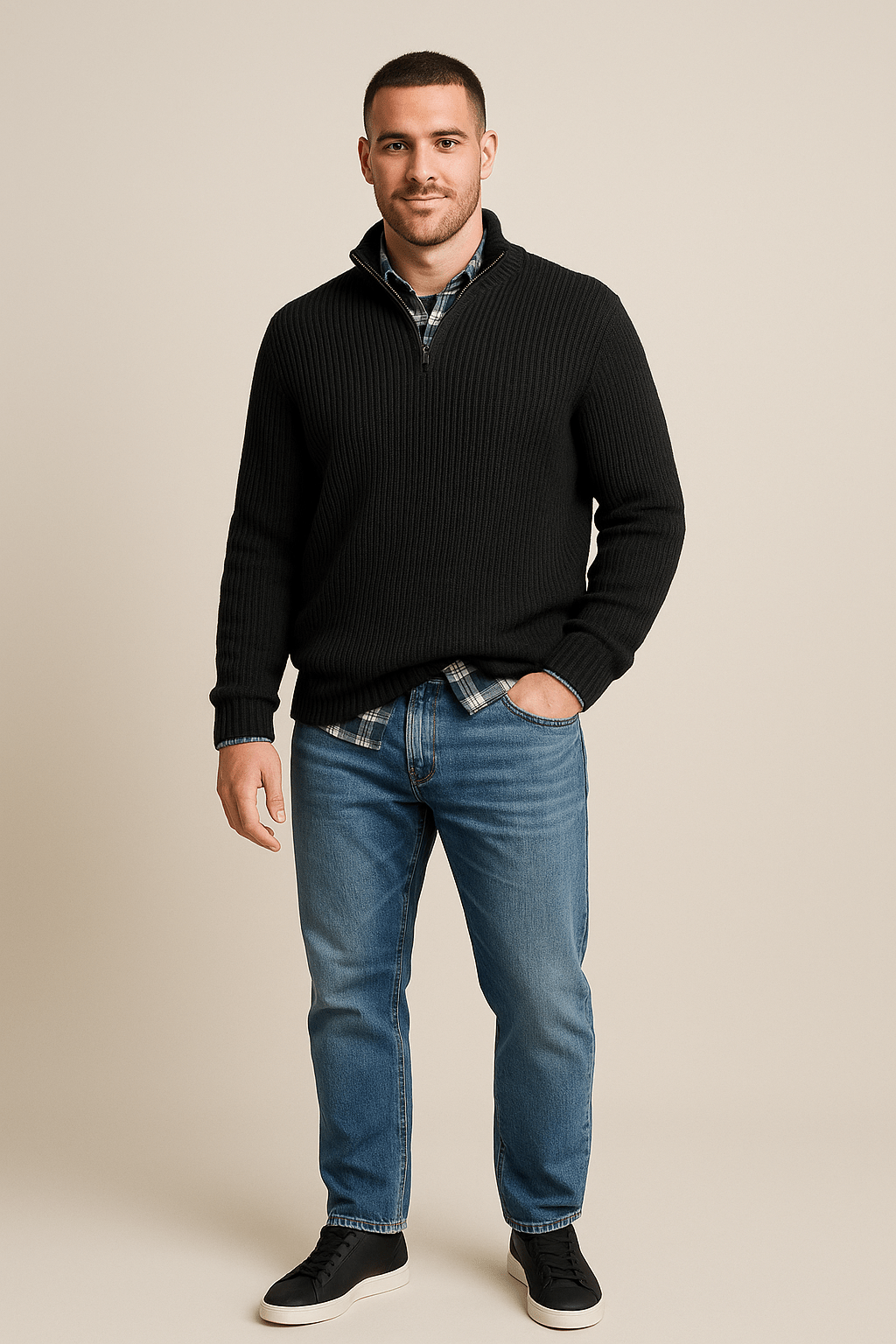 Pull-over à moitié zippé pour hommes – Gerippter Strickpullover mit hohem Kragen
