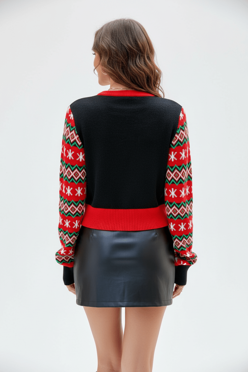 Damen Kurzer Strickpullover mit Grafischem Vorderteil und Gemusterten Ärmeln