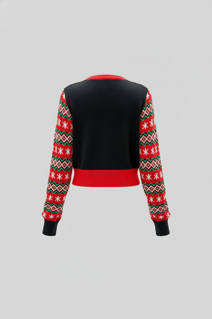 Dames Cropped Gebreide Trui met Grafische Voorkant et Patroon Mouwen