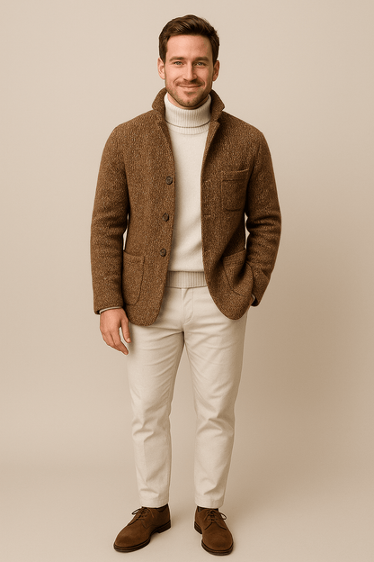 Cardigan en grosse maille pour hommes – Knop-up Trui met Staande Kraag