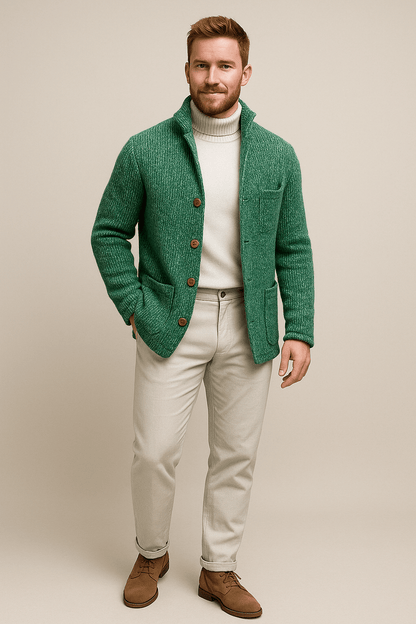 Herren Grobstrickcardigan – Knopf-Frontpullover mit Stehkragen