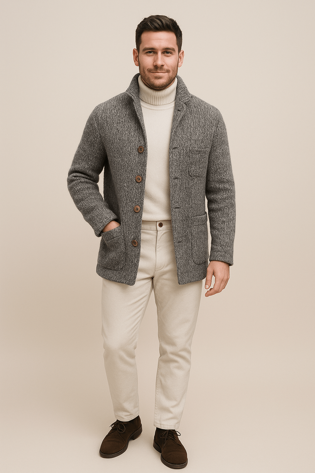 Herren Grobstrickcardigan – Knopf-Frontpullover mit Stehkragen