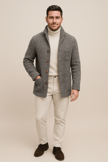 Herren Grobstrickcardigan – Knopf-Frontpullover mit Stehkragen