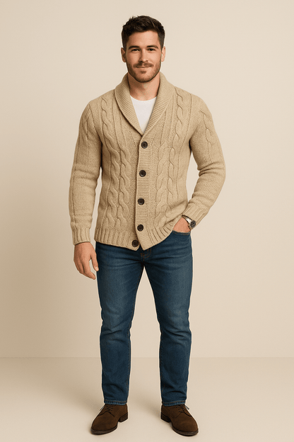 Cardigan Kabelstrick pour hommes – Knopfverschluss mit Schalkragen