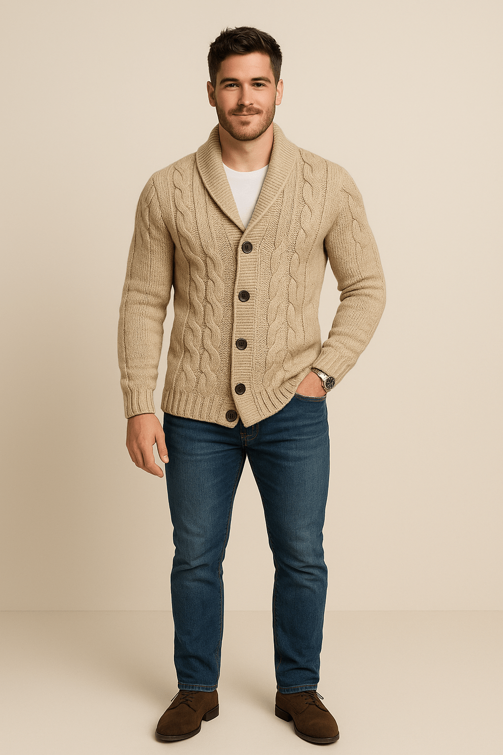 Cardigan en fil de coton pour hommes – Knop-Up Sjaalkraag Trui