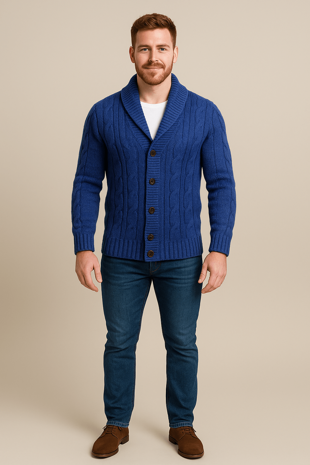 Cardigan en fil de coton pour hommes – Knop-Up Sjaalkraag Trui