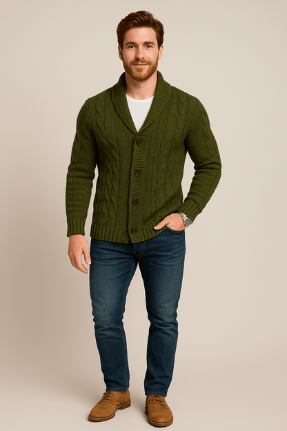Cardigan en fil de coton pour hommes – Knop-Up Sjaalkraag Trui