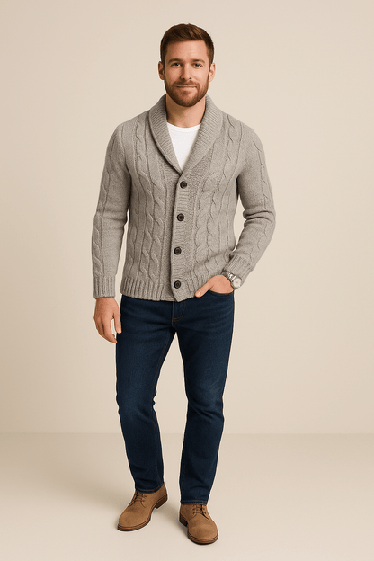 Cardigan Kabelstrick pour hommes – Knopfverschluss mit Schalkragen