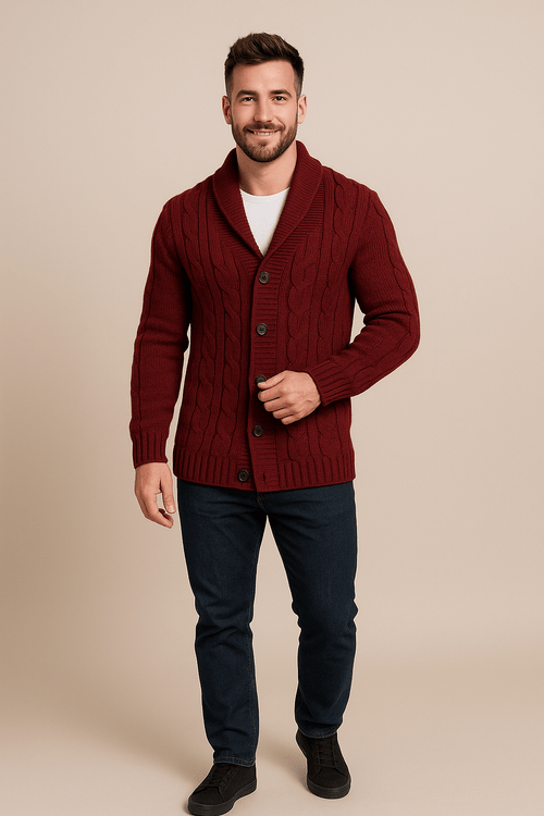 Cardigan Kabelstrick pour hommes – Knopfverschluss mit Schalkragen