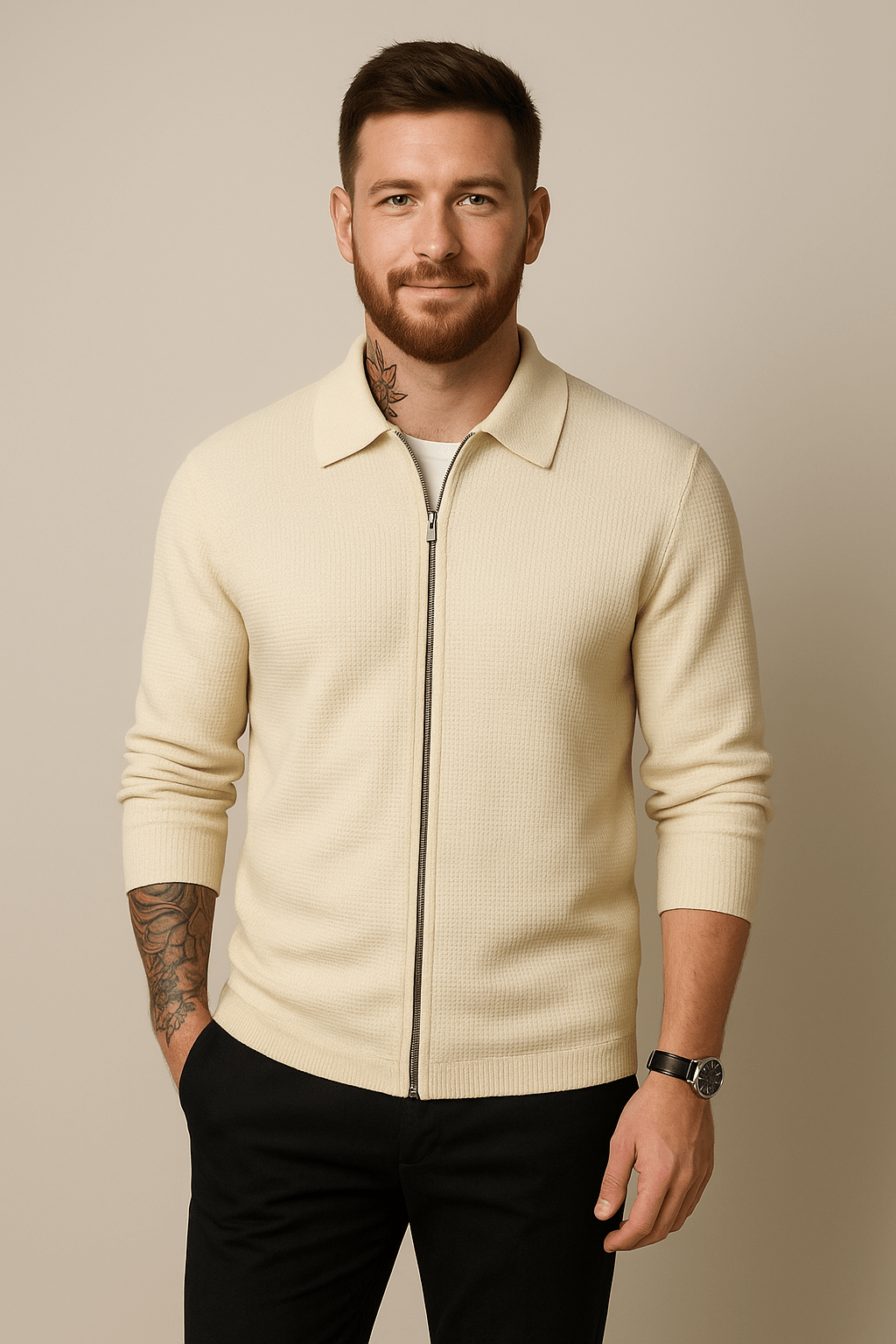 Cardigan zippé pour hommes – Waffelstrick-Schicht mit modernem Schnitt
