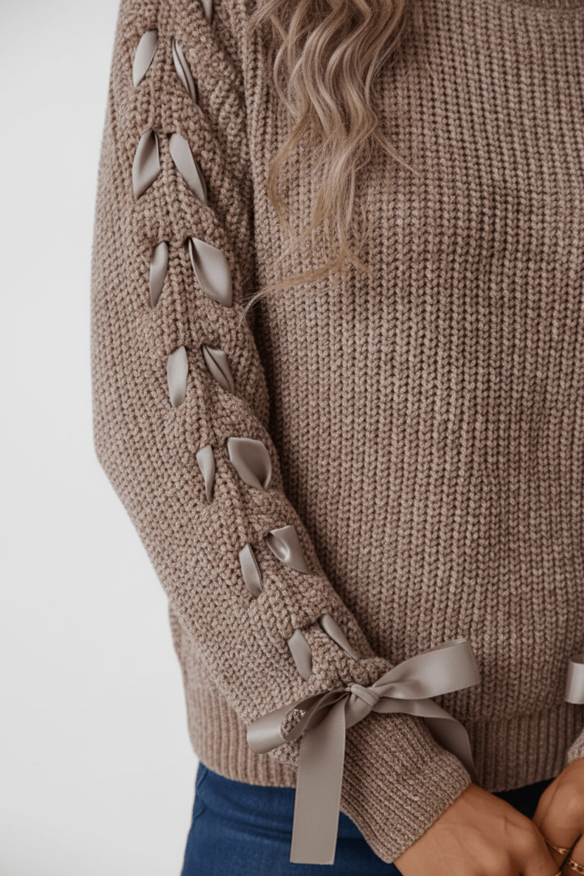 Dames Relaxed Fit Geribbelde Trui avec Vetersluiting Mouwen 