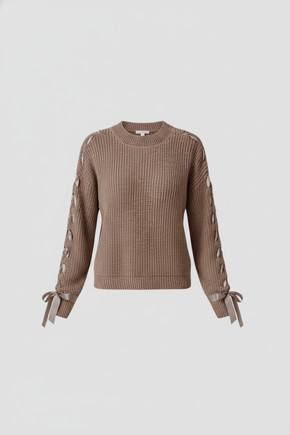 Damen Relaxed Fit Rippstrickpullover mit Schnürärmel 