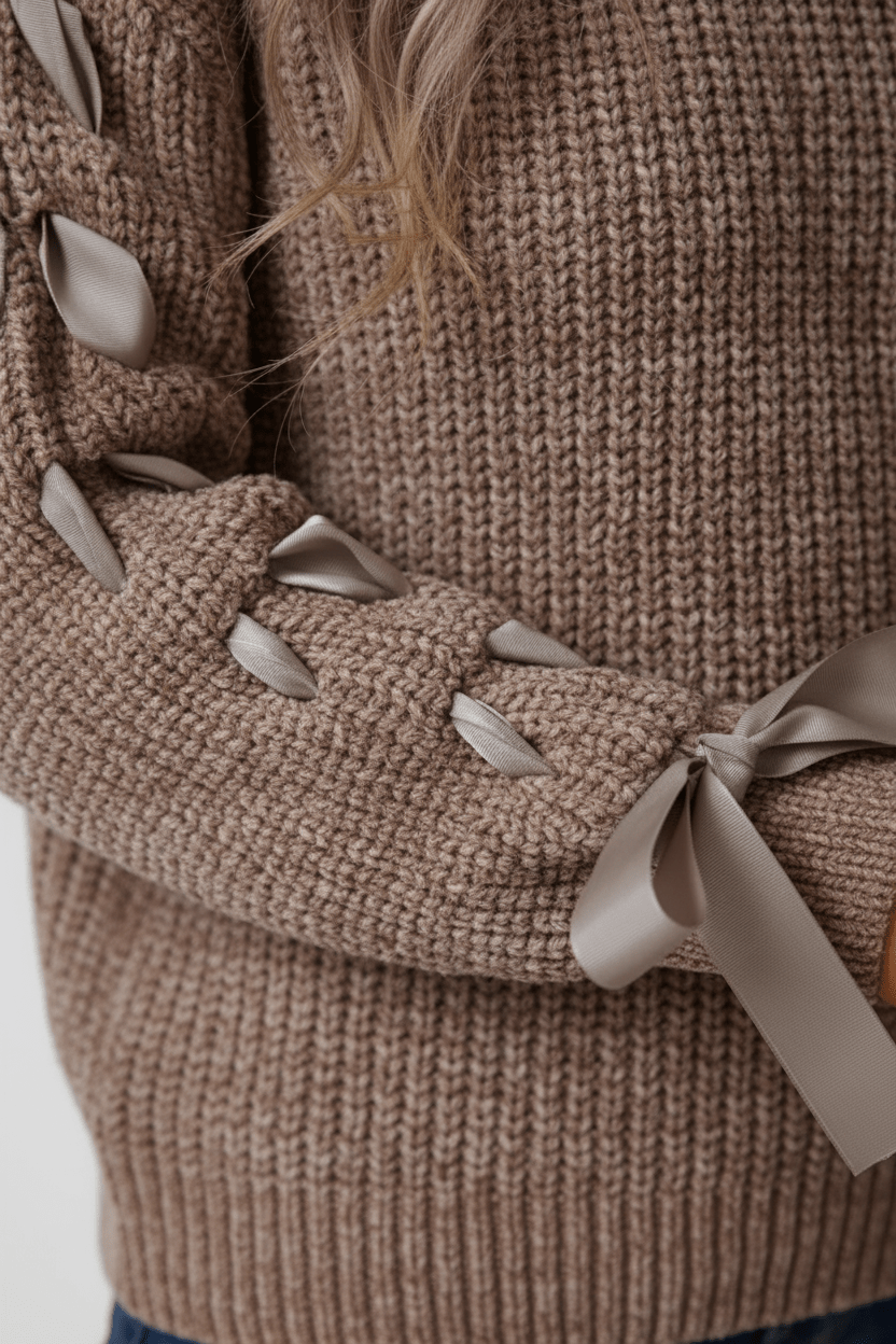 Damen Relaxed Fit Rippstrickpullover mit Schnürärmel 