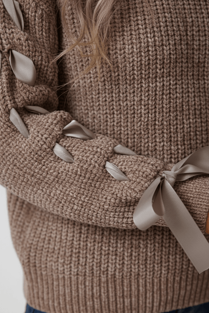 Damen Relaxed Fit Rippstrickpullover mit Schnürärmel 