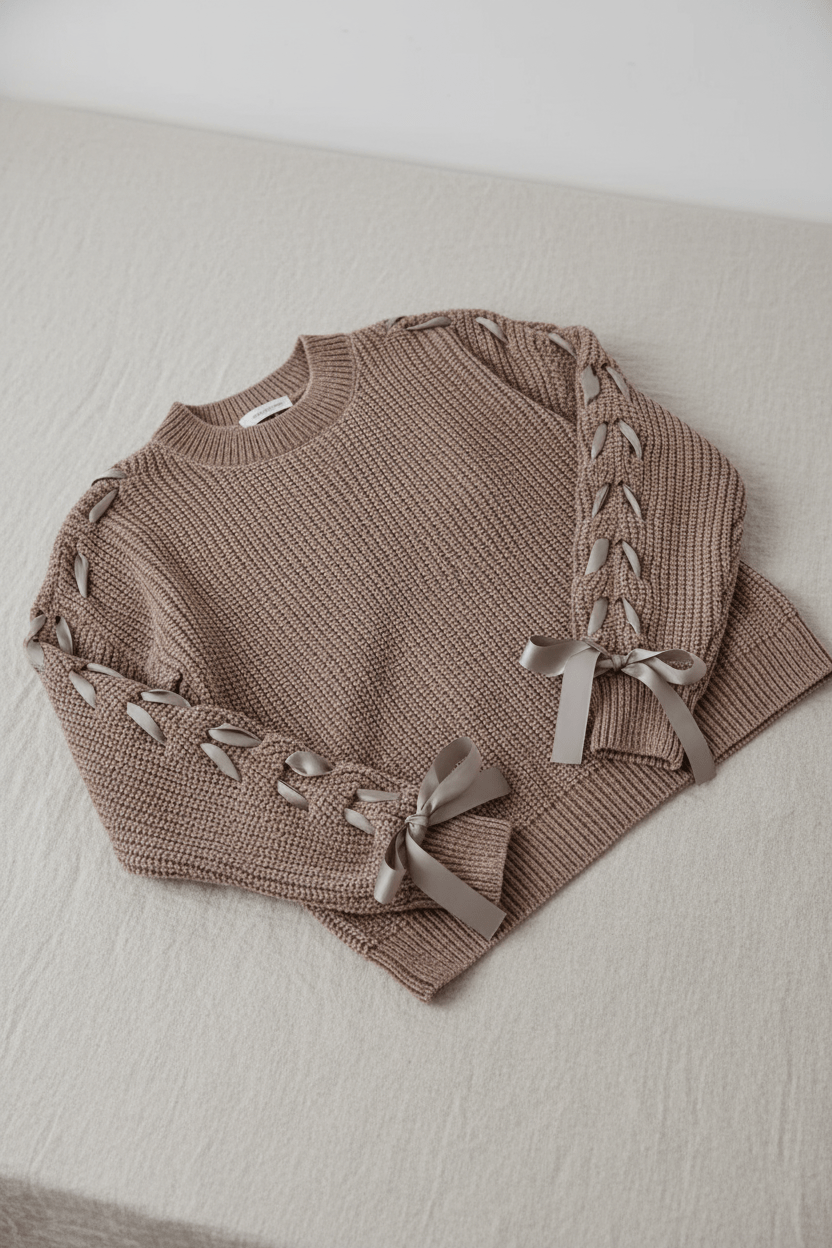 Damen Relaxed Fit Rippstrickpullover mit Schnürärmel 