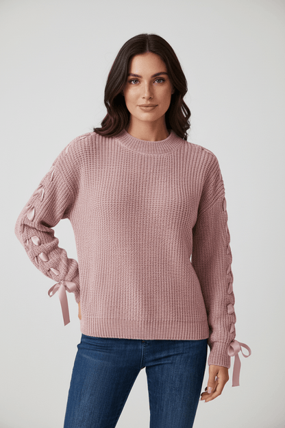 Damen Relaxed Fit Rippstrickpullover mit Schnürärmel 