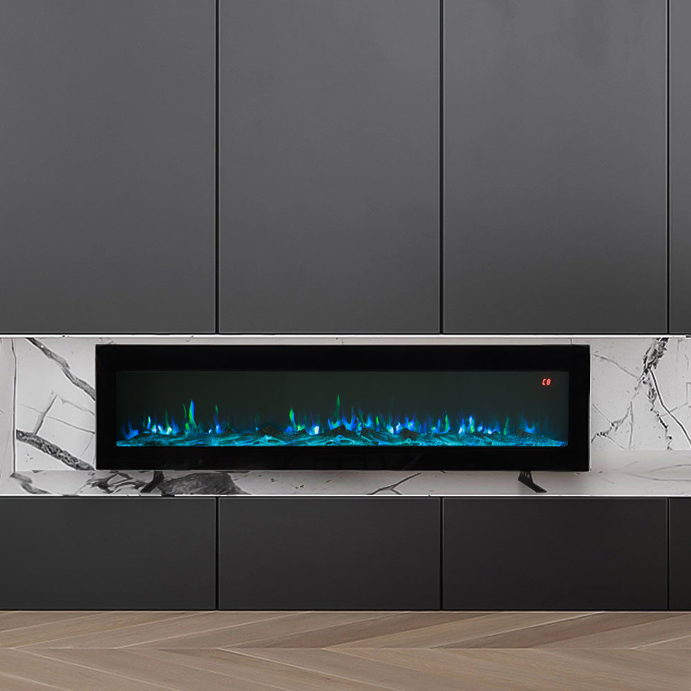 Wall Mounted Electric Fireplace with Remote, 9 LED Flame Effects, Recessed & Freestanding, 900W/1800W