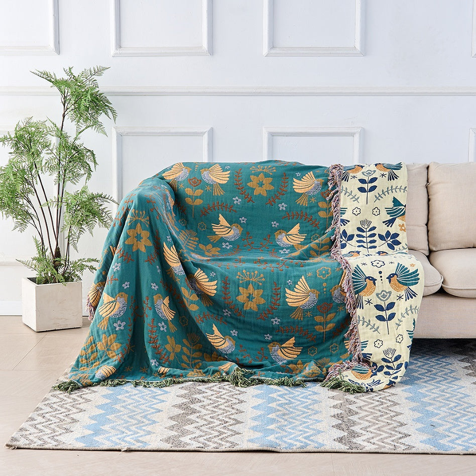 Couverture réversible en coton à motifs d'oiseaux | Plaid scandinave douillet pour la maison