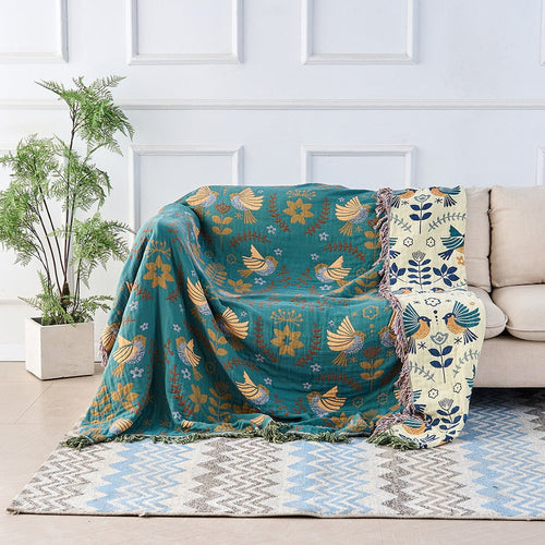 Couverture réversible en coton à motifs d'oiseaux | Plaid scandinave douillet pour la maison