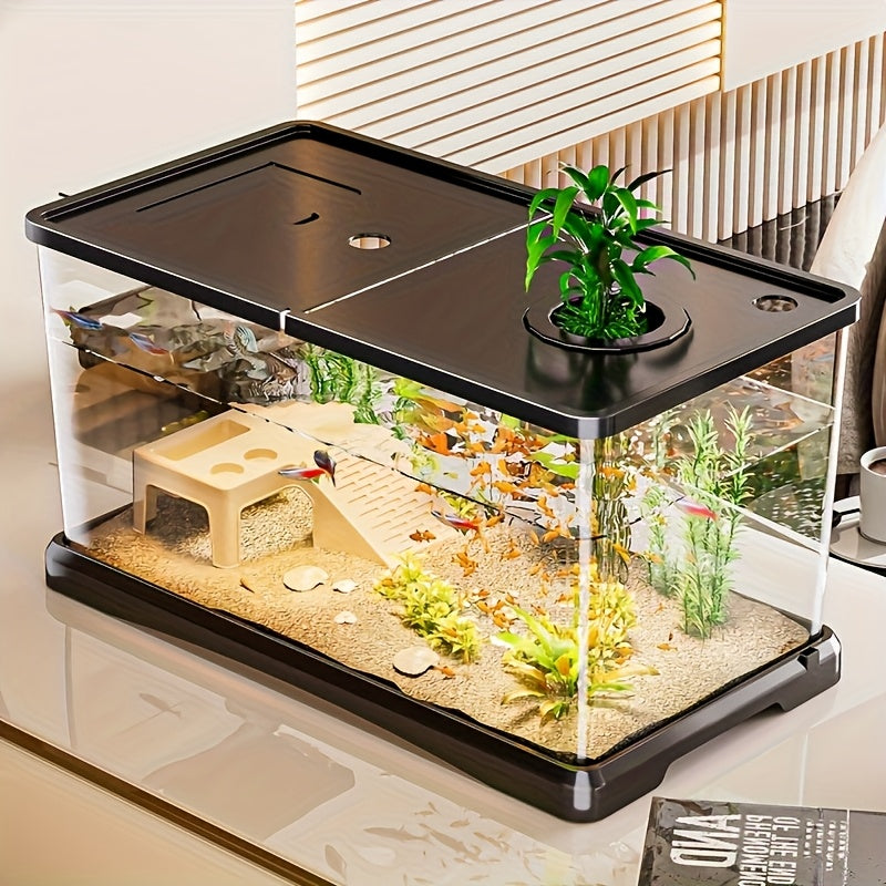 Grand aquarium avec couvercle - Aquarium robuste pour poissons et tortues, facile à nettoyer grâce à son couvercle ouvert