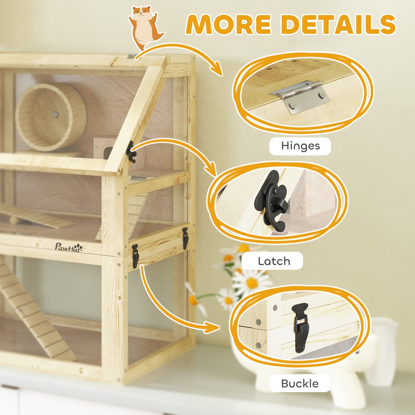 Wooden Hamster Cage with Deep Base, Hut, Exercise Wheel & Ramps - 60x40x75cm, Natural Finish for Small Pets