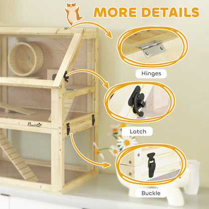 Wooden Hamster Cage with Deep Base, Hut, Exercise Wheel & Ramps - 60x40x75cm, Natural Finish for Small Pets
