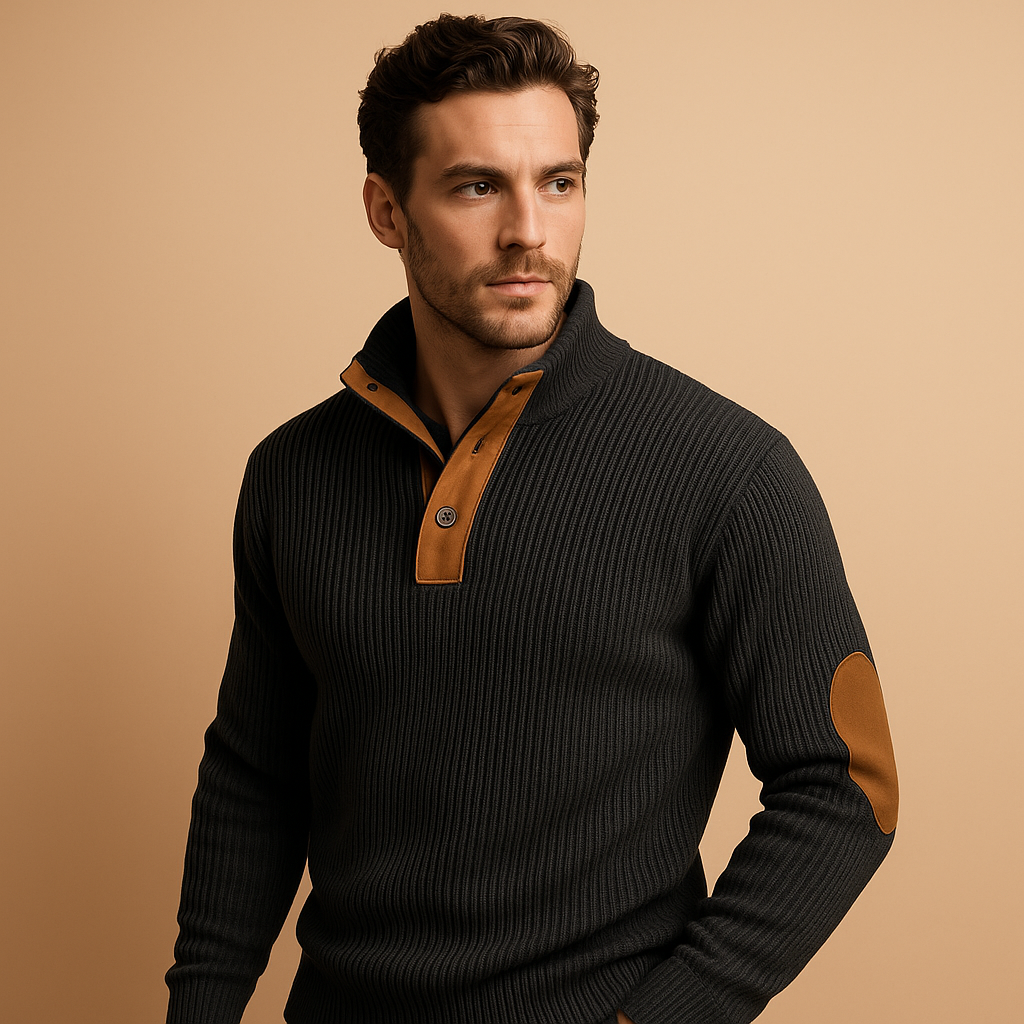 Herren Rippstrick Baumwollpullover mit Knopfkraagen – Pull léger