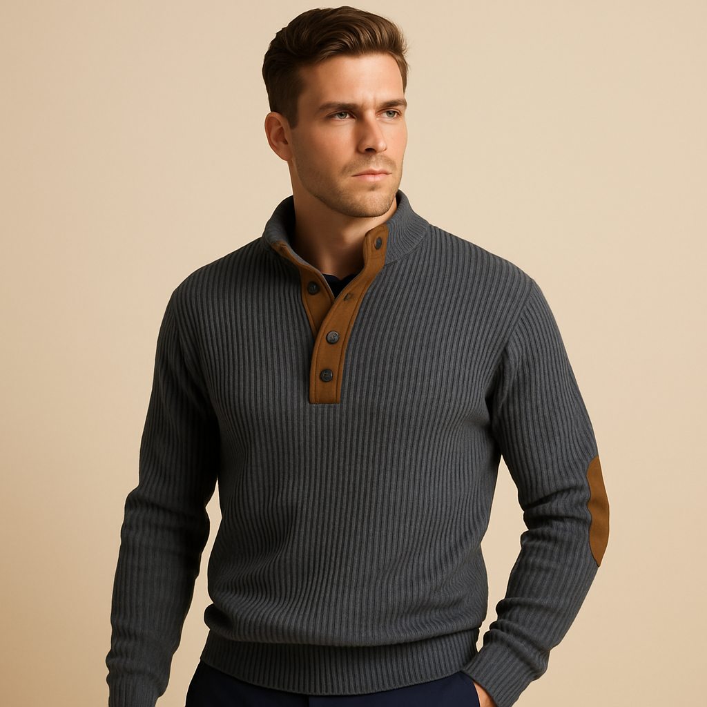 Herren Rippstrick Baumwollpullover mit Knopfkraagen – Pull léger