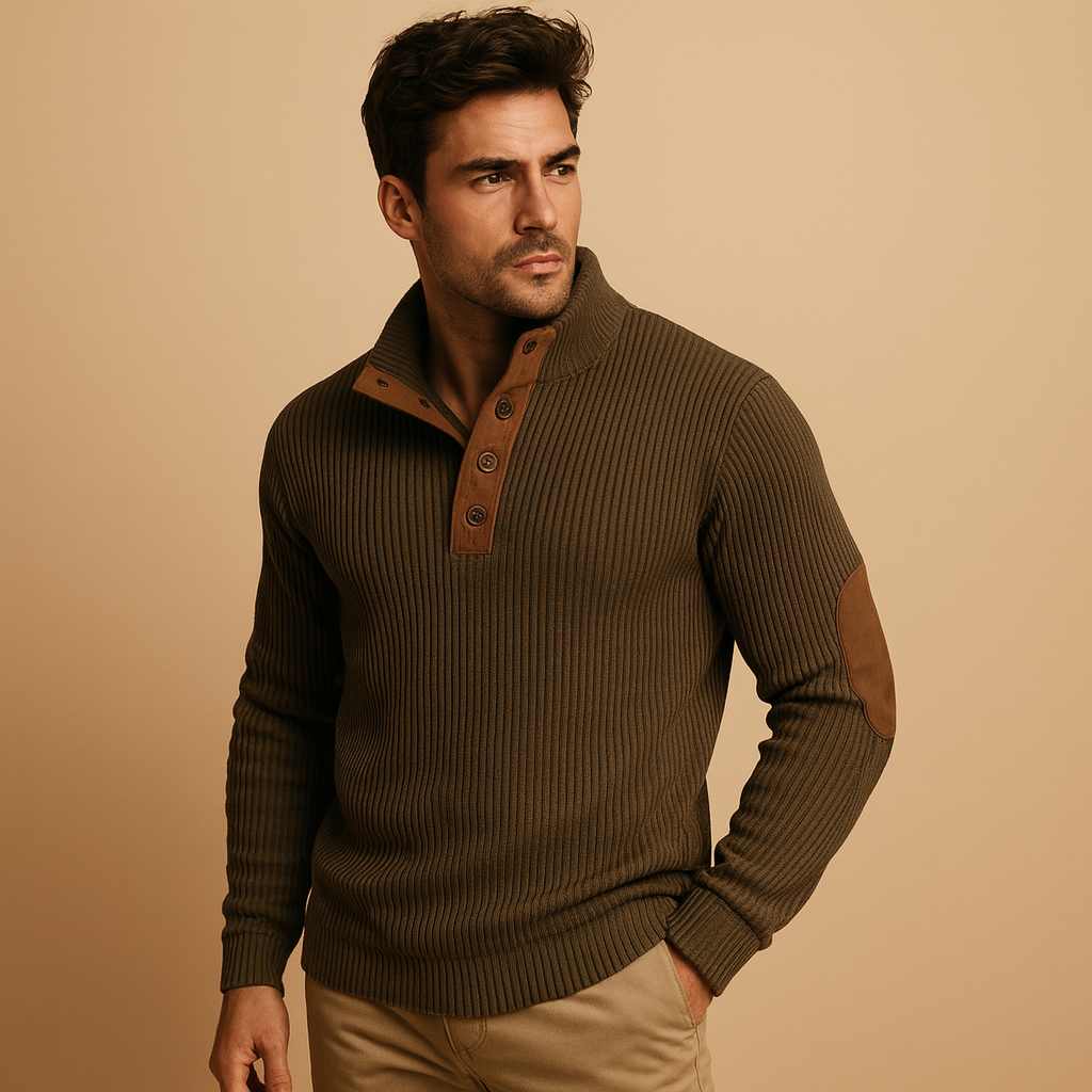 Herren Rippstrick Baumwollpullover mit Knopfkraagen – Pull léger