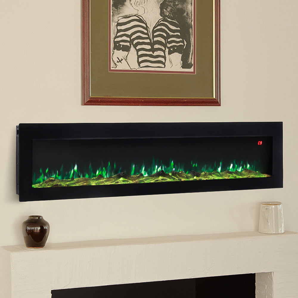 Wall Mounted Electric Fireplace with Remote, 9 LED Flame Effects, Recessed & Freestanding, 900W/1800W