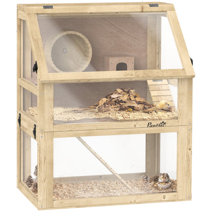 Wooden Hamster Cage with Deep Base, Hut, Exercise Wheel & Ramps - 60x40x75cm, Natural Finish for Small Pets