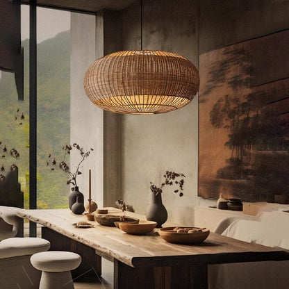 Handgemaakt Rieten Plafondlamp à Vlakke Ronde Mandvorm