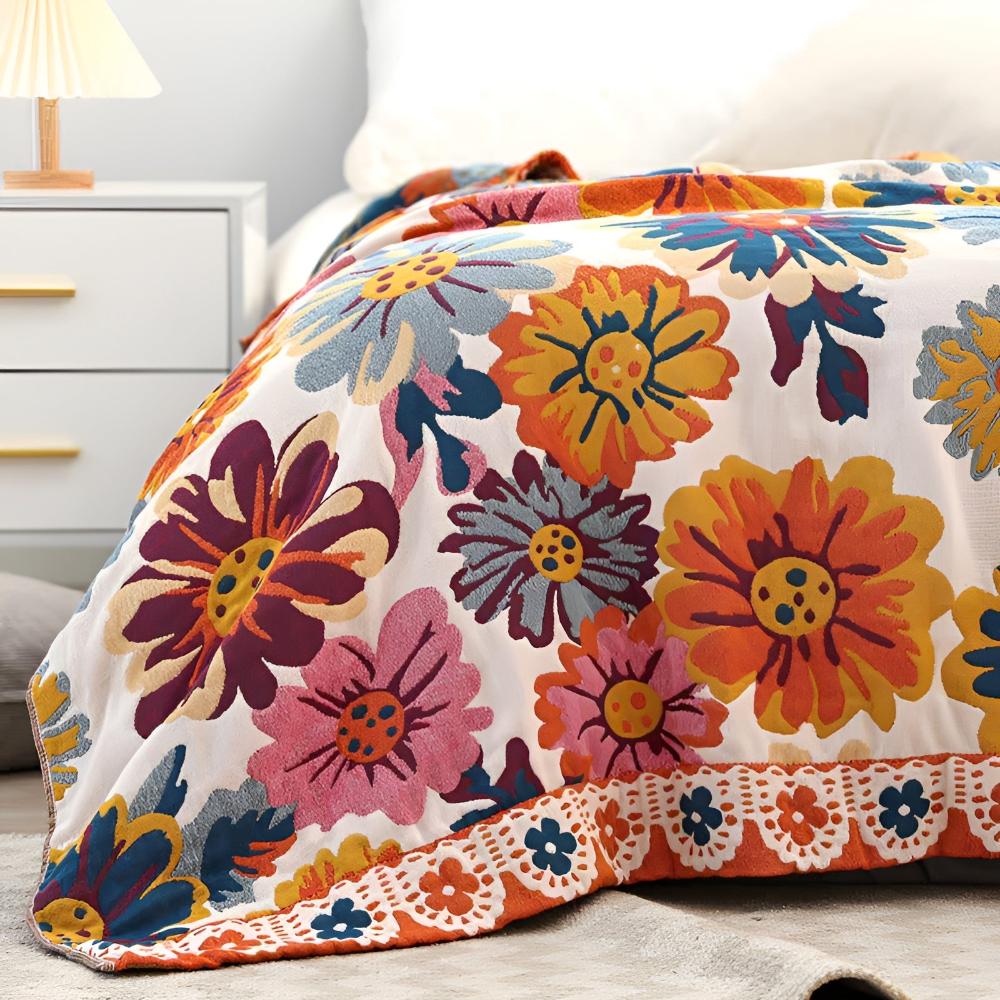Cozy Floral Cotton Throw Blanket for Home Decor and Comfort