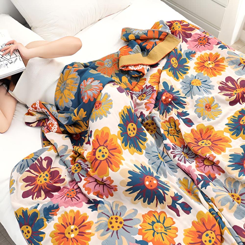 Cozy Floral Cotton Throw Blanket for Home Decor and Comfort