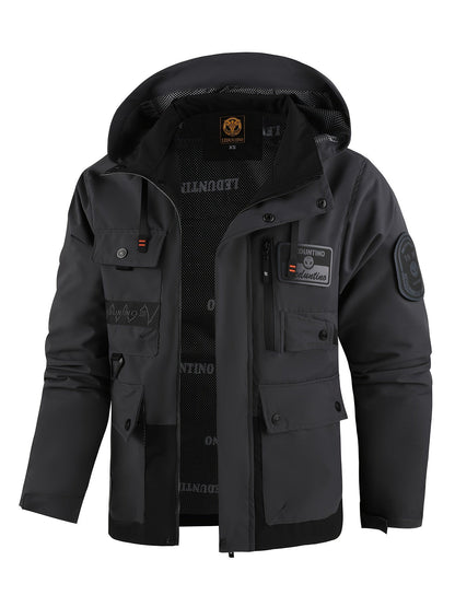 Herren Kapuzenjacke Herren Outdoor Warme Sturmjacke Lässige Mehrfach-Taschen Cargo Jacke