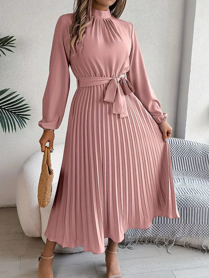 Dames Schickes Plissiertes Midi-Kleid mit Taillengürtel