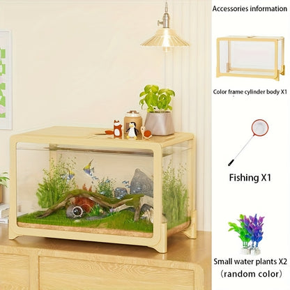 Clear Rectangular Fish Tank with Fake Plants - Acrylic Aquarium for Goldfish & Small Pets, Perfect for Home or Office Decor