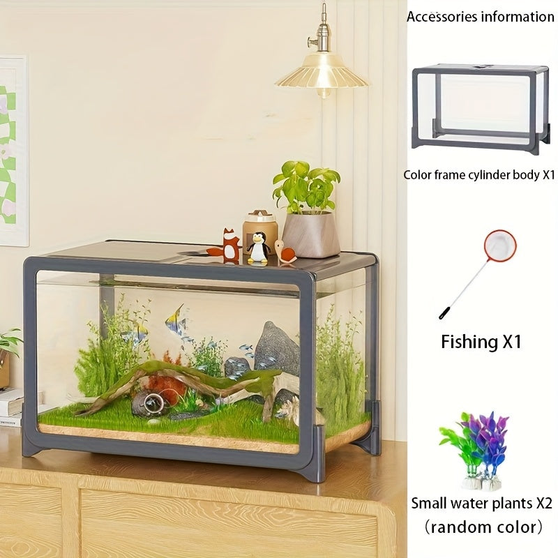 Clear Rectangular Fish Tank with Fake Plants - Acrylic Aquarium for Goldfish & Small Pets, Perfect for Home or Office Decor