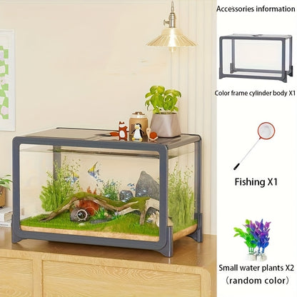 Clear Rectangular Fish Tank with Fake Plants - Acrylic Aquarium for Goldfish & Small Pets, Perfect for Home or Office Decor